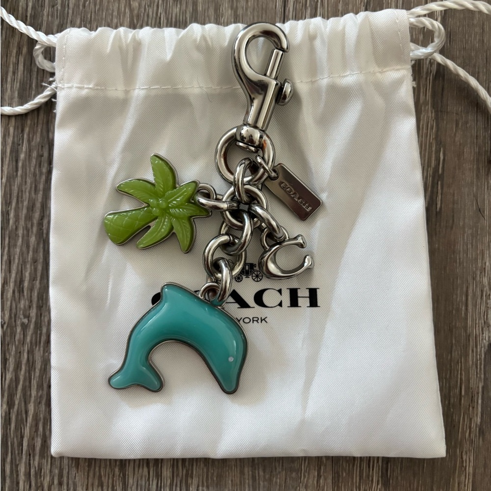 Coach Dolphin Palm Tree Cluster Silver Bag Charm Keychain - Picture 2 of 5